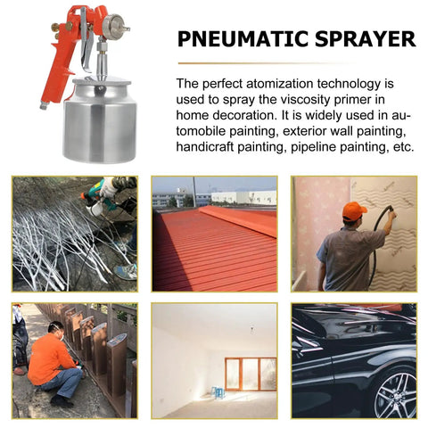 Pro Grade Handheld Paint Sprayer With Precision Flow Control For Cars Tables And Cabinets on a workbench with sprayer details.