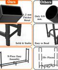 Comparison of heavy-duty 8-foot firewood rack features, highlighting thicker steel, stability, and easy assembly vs a weaker alternative.