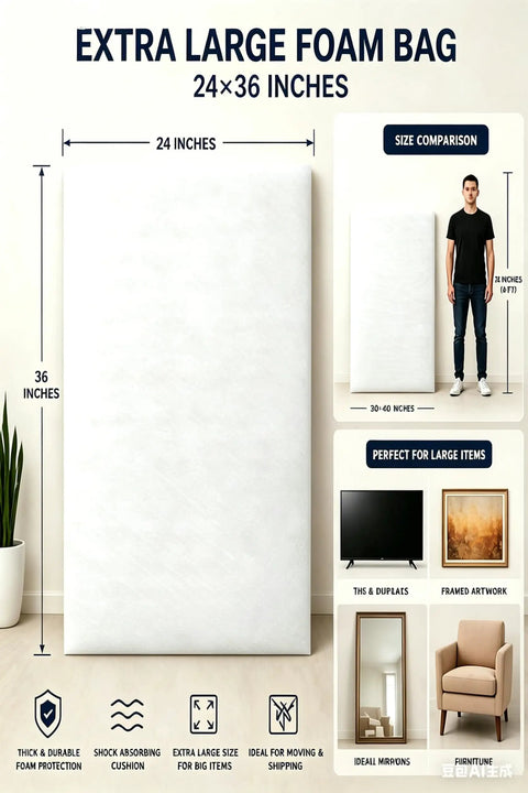 Image of 10 Pack Extra Large Foam Packing Pouches 24 By 36 Inch for moving, showing dimensions, and ideal uses for fragile items.