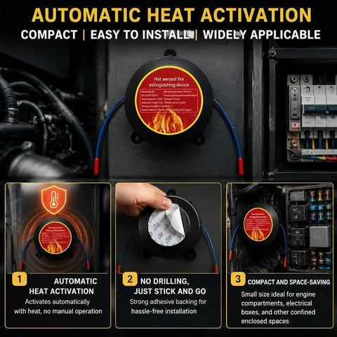 Top Tier Automatic Aerosol Fire Extinguisher Sticker With Super Easy Peel And Stick Mounting For Car Engine Bays EV Battery Cabinets And Electrical Panels Serving Hella Reliable Five Second Flame Shutdown And Totally Maintenance Free Shield That Quickly installed in a compact space with automatic heat activation.