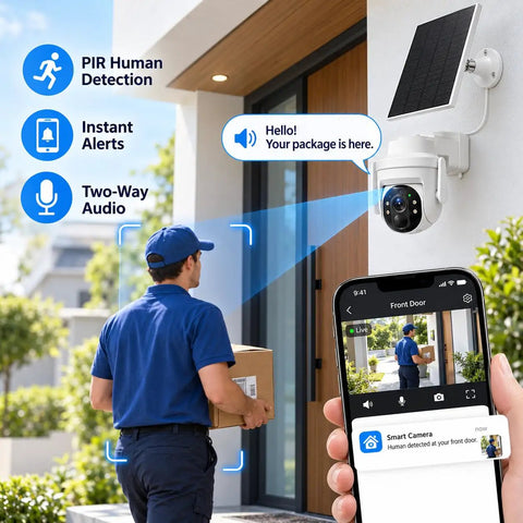 Sleek Solar Powered Security Camera For Outdoor Home Surveillance Featuring Hella Clear 3Mp Video and smooth pan tilt operation monitoring delivery.