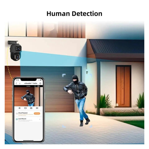 8ch POE Outdoor Security Camera Surveillance NVR Kit Featuring 6MP Dual Lens IP Cameras monitoring human in front of house.