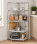 Solid Five Tier Corner Shelf With Sleek Chrome Finish And Fully Adjustable Heights Featuring Clear Protective Liners For Zero Sweat No Tool Assembly And Clean Space Saving Storage That Really Slaps In Any Room displaying organized kitchen jars and dishes.