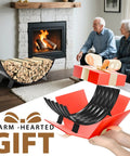 40 Inch Diameter Sector Firewood Rack Storage Built From 0.8Mm Thick Galvanized Steel With Wave Pattern shown with fireplace and gift box