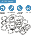 Top Shelf M8 Internal Tooth Lock Washers 20 Piece Box 304 Stainless Steel Serrated Star Nut Fasteners on display.