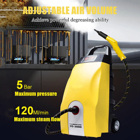 Heavy Duty 3000W Steam Cleaner With 3.5L Tank And Fast 40 Second Heat Up for Deep Cleaning Home Auto Commercial Surfaces Tough Grime Kitchen Bathroom Tile And Upholstery High Pressure Washer Portable Design shown with adjustable air volume and hose.