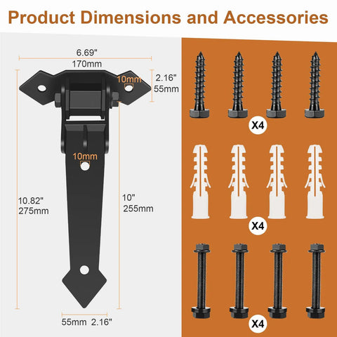 Heavy Duty Gate Hinges With 1100 Lbs Load Rating And Sealed Integrated Ball Bearings dimensions and accessories including screws.