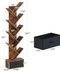 Dope Vintage Tree Bookshelf With Nine Shelves And Side Drawer, Solid Wooden Corner Storage Rack For Books Vinyl Records Decor, Rustic Brown Shelf Vibe Straight Fire Display For Your Chill Space dimensions and angled view