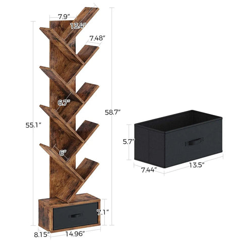 Dope Vintage Tree Bookshelf With Nine Shelves And Side Drawer, Solid Wooden Corner Storage Rack For Books Vinyl Records Decor, Rustic Brown Shelf Vibe Straight Fire Display For Your Chill Space dimensions and angled view