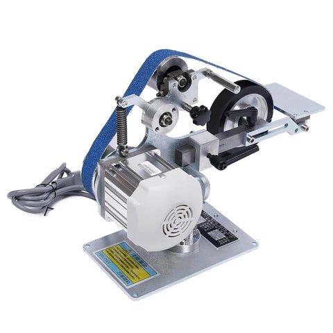 Shop Ready Heavy Duty 550W Brushless Belt Sander Plus Bench Polisher with blue sanding belt and steel frame.
