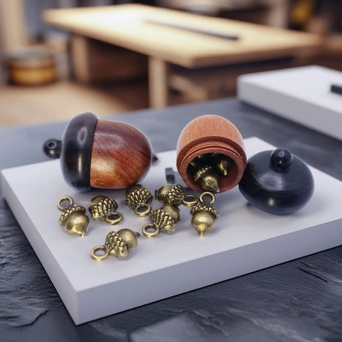 Hella Slick Screw Open Miniature Black Ebony Acorn Curios Set Of Two With Hidden Antique Bronze Pinecones on display.