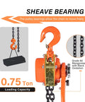 Close-up of orange Three Quarter Ton Manual Lever Hoist Come Along With 1650Lbs Capacity, Two Hooks, Ten Feet Chain, showing sheave bearing.
