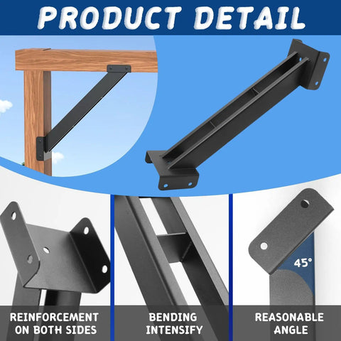 Heavy Duty 12 Pack 45 Degree Angle Pergola Bracket Kit For 4x4 Lumber Gazebo Construction Open Corner Steel Brackets 3.6x3.6 Inch Reinforcement For Wooden Structures, displaying detailed views of steel bracket construction, angles, and reinforcement features.