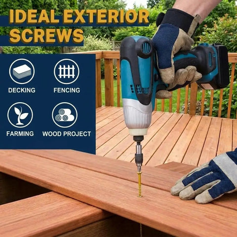 Exterior Deck Screws Set, Eight By One And Five Eighth Inch, Tan Epoxy Coated Wood Screws With T25 Star Bit used on deck