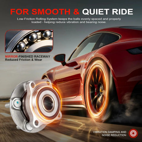 Killer Durability 2 Pack Front Wheel Hub Bearing Assembly With ABS Fits Subaru Forester Impreza WRX Crosstrek Outback Legacy 05 to 14 5 Lug Rig Upgrade for Whips and Rides close-up of front wheel hub with low-friction rolling system seen with red car on road.
