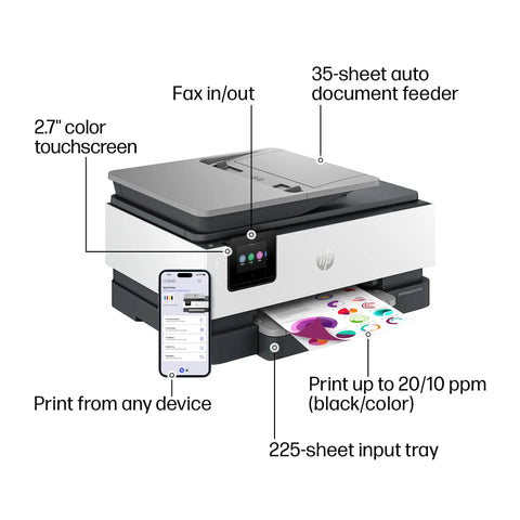OfficeJet Pro 8139e Wireless All In One Color Inkjet Printer With Print Scan Copy Fax Auto Document Feeder Duplex For Home Office AI Features And 1 Year Instant Ink Trial Included, showing touchscreen, document feeder, and output tray.
