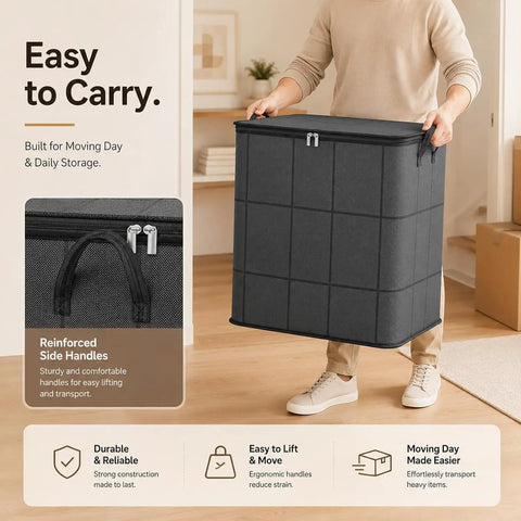 Big Roomy Fabric Storage Tote With Smooth Dual Zipper Foldable Closet Organizer For Quilts Bedding Moving Seasonal Coats, shown being carried.