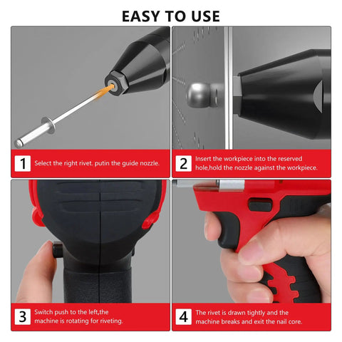 Cordless Rivet Gun Tool For M18 18V Battery Systems Red compact instructions showing how to insert rivet and operate.