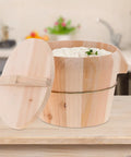 Sweet Wooden Rice Container Bucket With Sturdy Side Handle For Steaming Perfectly Fragrant And Chewy Rice Using Safe Odorless Material For Busy Home Chefs Who Want That Good Vibes Cooking Experience Today, filled with rice.