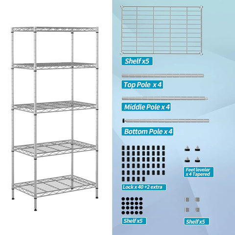 Heavy Duty Five Tier Wire Shelving Unit Rock Solid Chrome Metal Storage Rack With Quick Adjustable Levels Zero Fuss Assembly, includes assembly parts.