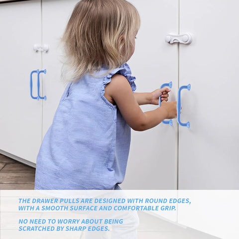 Child holding 4 Pack Blue Aluminum Cabinet Pulls With 3.78 Inch Hole Centers 96mm And 4.49 Inch Length 114mm on cabinet doors