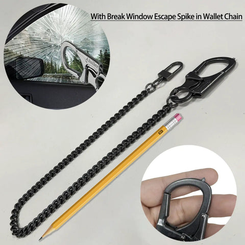 Beefy Wallet Chain For Men With Lockable Carabiner And Tungsten Steel Car Window Breaker, shown with safety spike and pencil for scale.