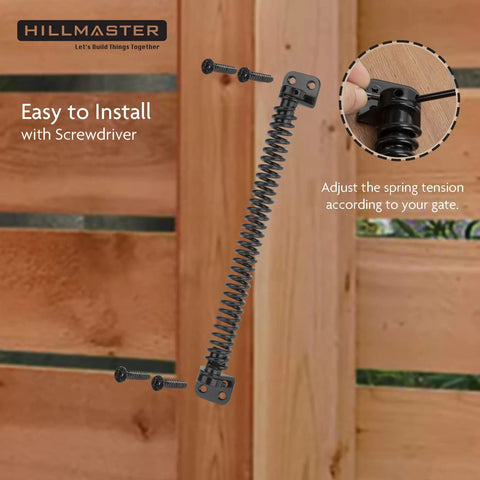 Heavy Duty 12 Inch Self Closing Gate Spring With Adjustable Tool For Outdoor Wood And Vinyl Fences Rugged Black Powder Coated Steel Antirust Hardware No B S Operation mounted on wood post with adjustment screws.