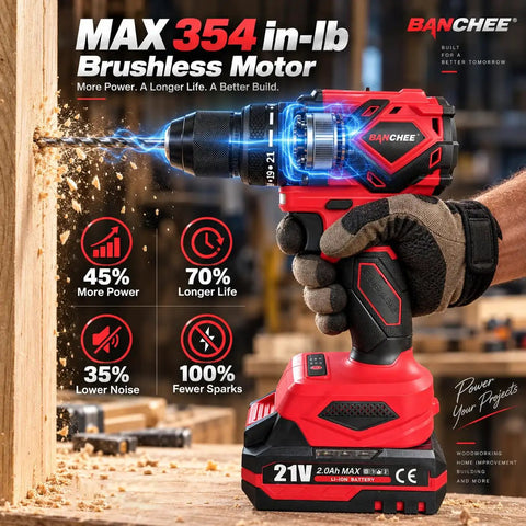 Rugged Boss Level 21V Brushless Cordless Drill Driver Kit Delivers 40Nm Kick Torque Two Speed Gears All Metal Chuck Bundle Drops 21V battery in use, drilling into wood.