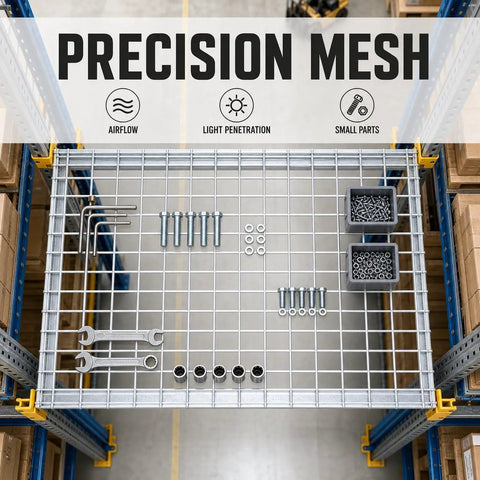 Heavy Duty Galvanized Steel Pallet Rack Wire Decking Panel Damn Tough 50X100 Mesh Silver displaying tools and hardware.