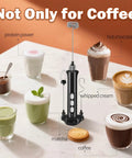Rechargeable Handheld Milk Frother With 3 Speed Settings and 3 Detachable Stainless Whisks on table with drinks