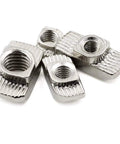 Built Strong 50Pack M5 TSLOT Nuts For Aluminum Extrusion Systems Hammer Head Sliding Fasteners With Nickel Plated Steel Finish showing various angles of fasteners.