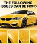 Auto Scratch Remover Paste Gives Your Sweet Ride A Top Shelf Shine Quick Compound visible on a yellow car with scratches and blemishes.