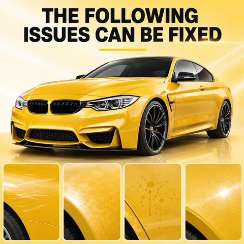 Image of a bright yellow car showing paint imperfections and scuffs, highlighting 2 Set Car Scratch Repair Paste Quick Fix Detailing Kit.