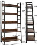 Solid Five Tier Industrial Ladder Bookshelf In Rustic Brown, Steel Frame Leaning Rack For Plants And Daily Gear, dimensions and design details