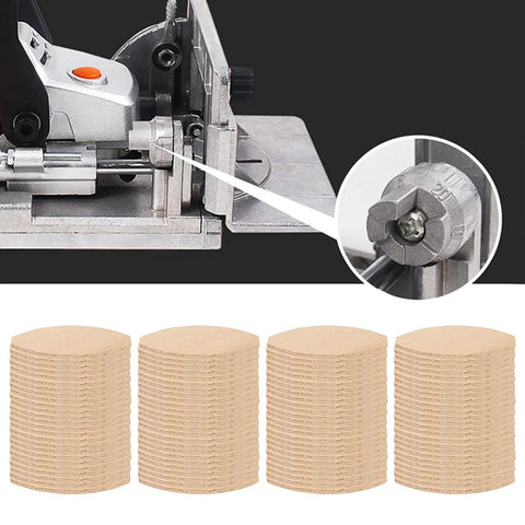 Close-up of woodworking tool and 100 Pack Solid Beech Wood Joining Biscuits for DIYers Woodworking and Cabinet Making Durable Dowels
