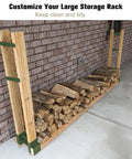 Outdoor Firewood Rack Bracket Kit With Four Support Bars For Wood Pile Storage Heavy Duty DIY Fireplace Log Stacking Stand Holder For 2x4 Lumber Green 1 Pair Weather Resistant Steel setup with logs against a brick wall