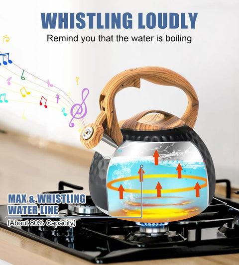 Stovetop Tea Kettle 3.2 Quart Stainless Steel Whistling Teapot With Wood Pattern Handle on gas stove, black finish
