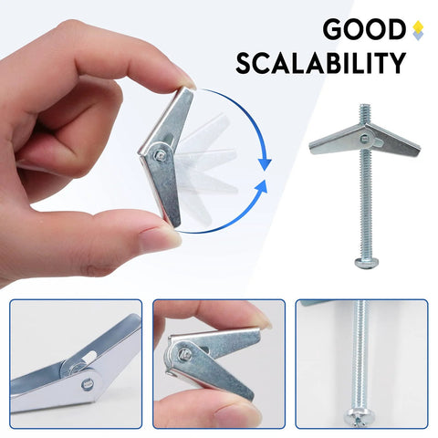 60 Pcs One Quarter Inch Zinc Plated Steel Round Head Toggle Bolts With Wing Nuts For Hanging Heavy Items On Drywall Durable Carbon Steel Construction Rust Resistant For Quick Secure Installations shown in hand and parts detail