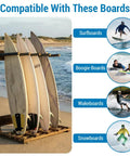 Rustic Burnt Wood Freestanding Surfboard Rack, 4 Foot Tall Vertical Stand For Indoor Storage, Holds Four Boards Including Surfboard Wakeboard SUP And Paddleboard, Sweet Garage Beach House Display And Organization
