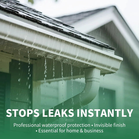 Water flowing from a roof gutter demonstrating Transparent Waterproof Sealant Self Leveling Clear Coating Knock Out Roof Leaks And Gutters Water Based Brush On Membrane No Fuss Quick Cure Protection 68 Ounce Tub.