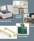 10 Pack 5 Inch Brushed Satin Brass Cabinet Handles installed on various furniture including kitchen cabinets, jewelry box, tea table, and shoe cabinet.