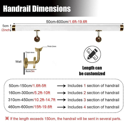 Handrail dimensions for Straight Up Heavy Duty Clear Acrylic Stair Handrail With Solid Gold Wall Mount Brackets Non Slip Interior Banister.