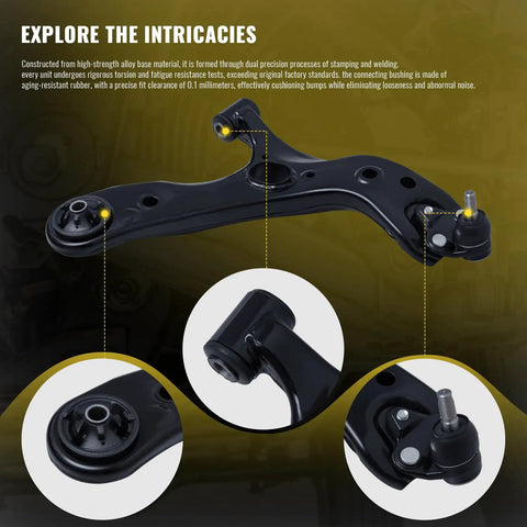 Full Front Suspension Overhaul Kit For 2010-2015 Toyota Prius And 2011-2017 Lexus CT200H with black lower control arm detail.