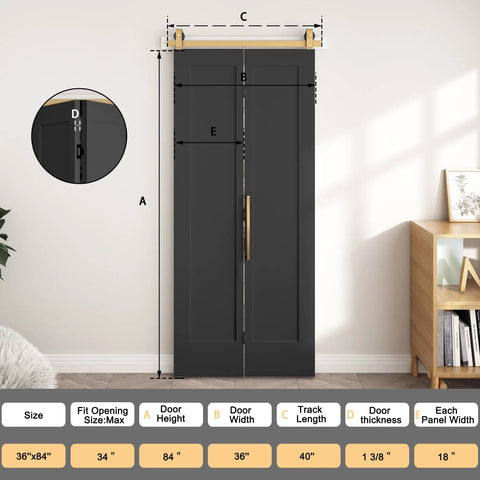 Ridiculously Tough 36 By 84 Inch Vinyl Wrapped Bifold Barn Door showing dimensions and features for closet, pantry, laundry room use.