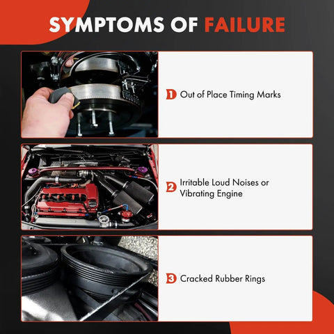 Engine harmonic balancer symptoms of failure with timing marks, noisy engine, and cracked rubber rings.