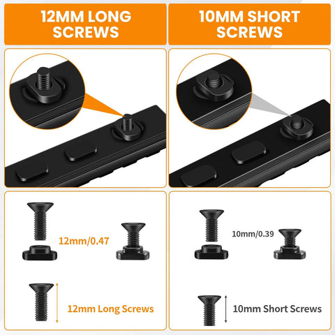 Amazon PUKESI 12-piece T-nut and screw set for M-rails; includes 12mm long and 10mm short screws with nuts, black metal