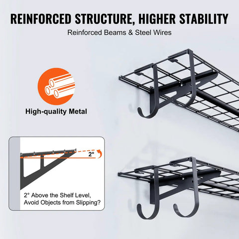 Heavy Duty Wall Mounted Garage Shelving 2 Pack Black Steel Floating Storage Racks For Workspaces Sheds And Garages Tough As Nails 400 Lb Capacity showing reinforced steel beams and hooks.