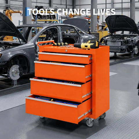 Heavy Duty Steel Rolling Tool Chest Bad Boy With Lockable Caster Wheels And Slick Ball Bearing Drawers Hella Tough portable storage in bright orange.