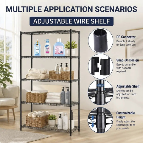Rock Solid Five Tier Heavy Duty Wire Shelving Unit With Adjustable Metal Storage Shelves For Garage Closet Pantry, Black Corrosion Resistant Rack showing adjustable shelves and household items.