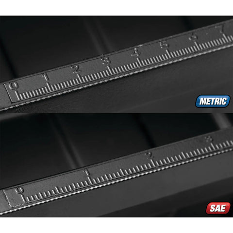 Close-up of On The Go Tool Caddy With Magnetic Tray Heavy Duty Portable Organizer showing metric and SAE measurement scales.